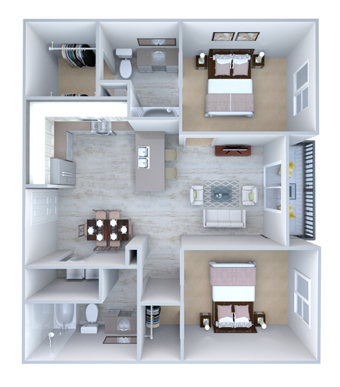 Floor plan for 2 beds, 2 baths, 1038 sqft